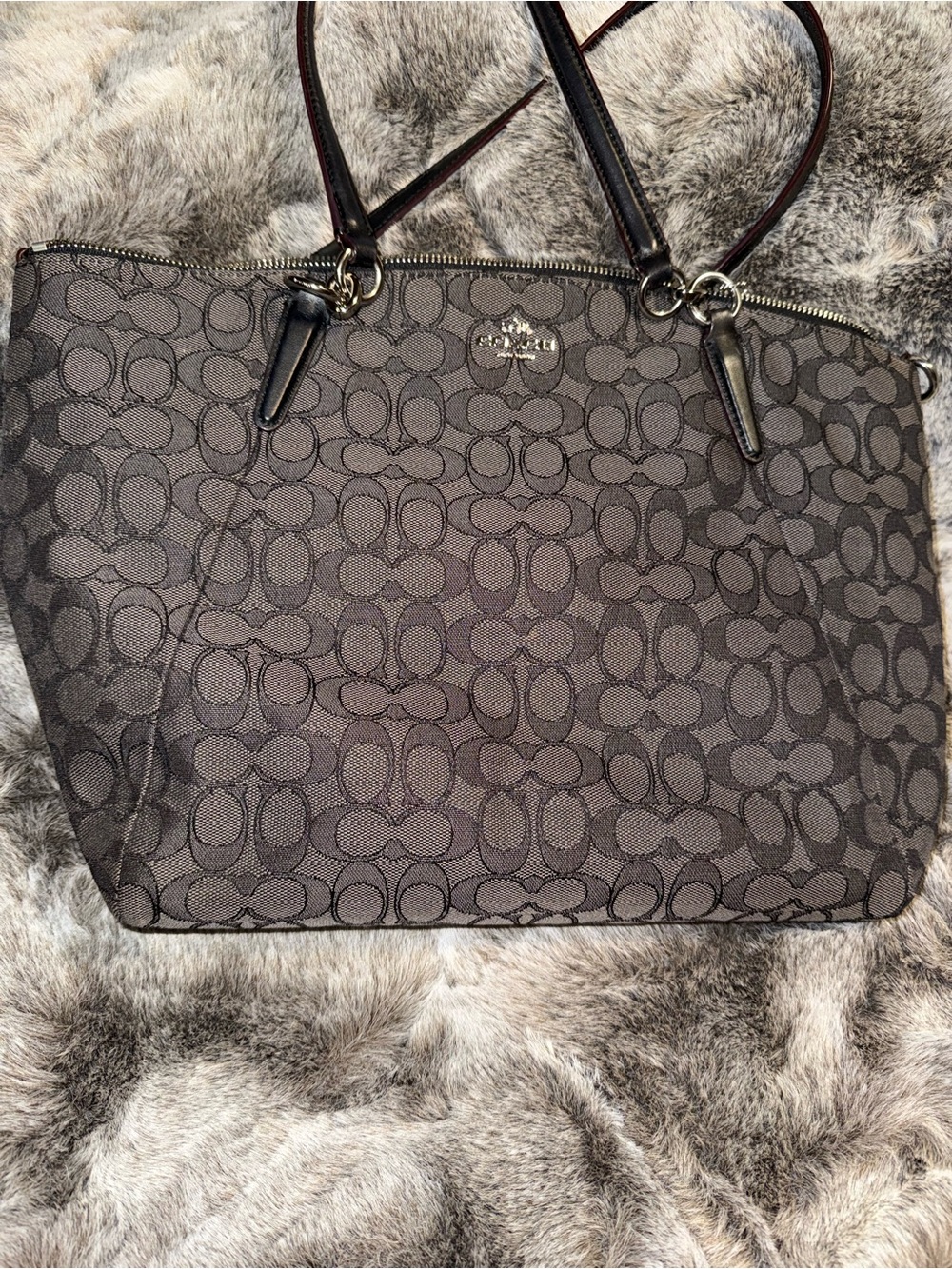 Coach Signature Tote in Charcoal Brown and Black with wallet